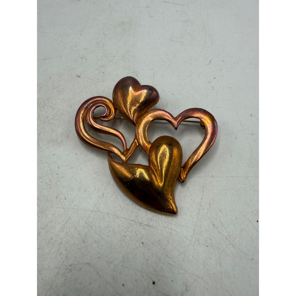 Vintage Multi Heart Brooch Iridescent Copper Tone Valentine Swirl Pin